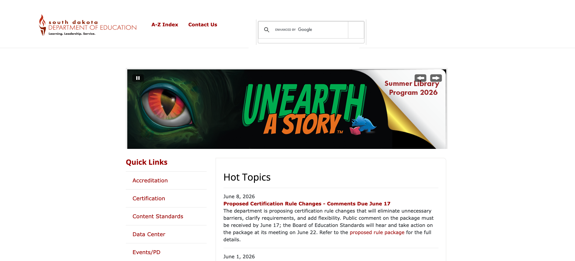 Screenshot: Top navigation bar showing only A-Z Index and Contact Us links with Google search