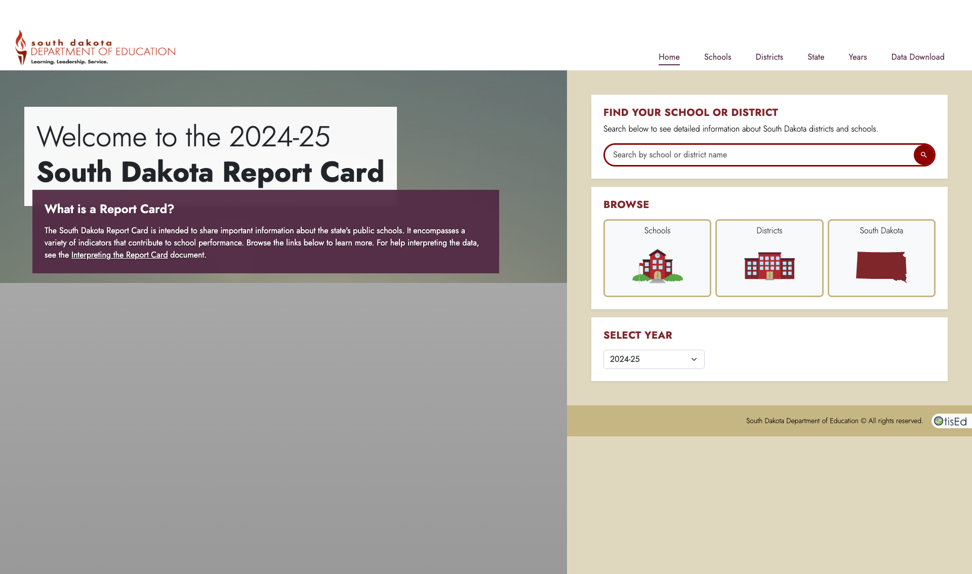 Screenshot: South Dakota Report Card portal showing school search, browse options, and 2024-25 year selector