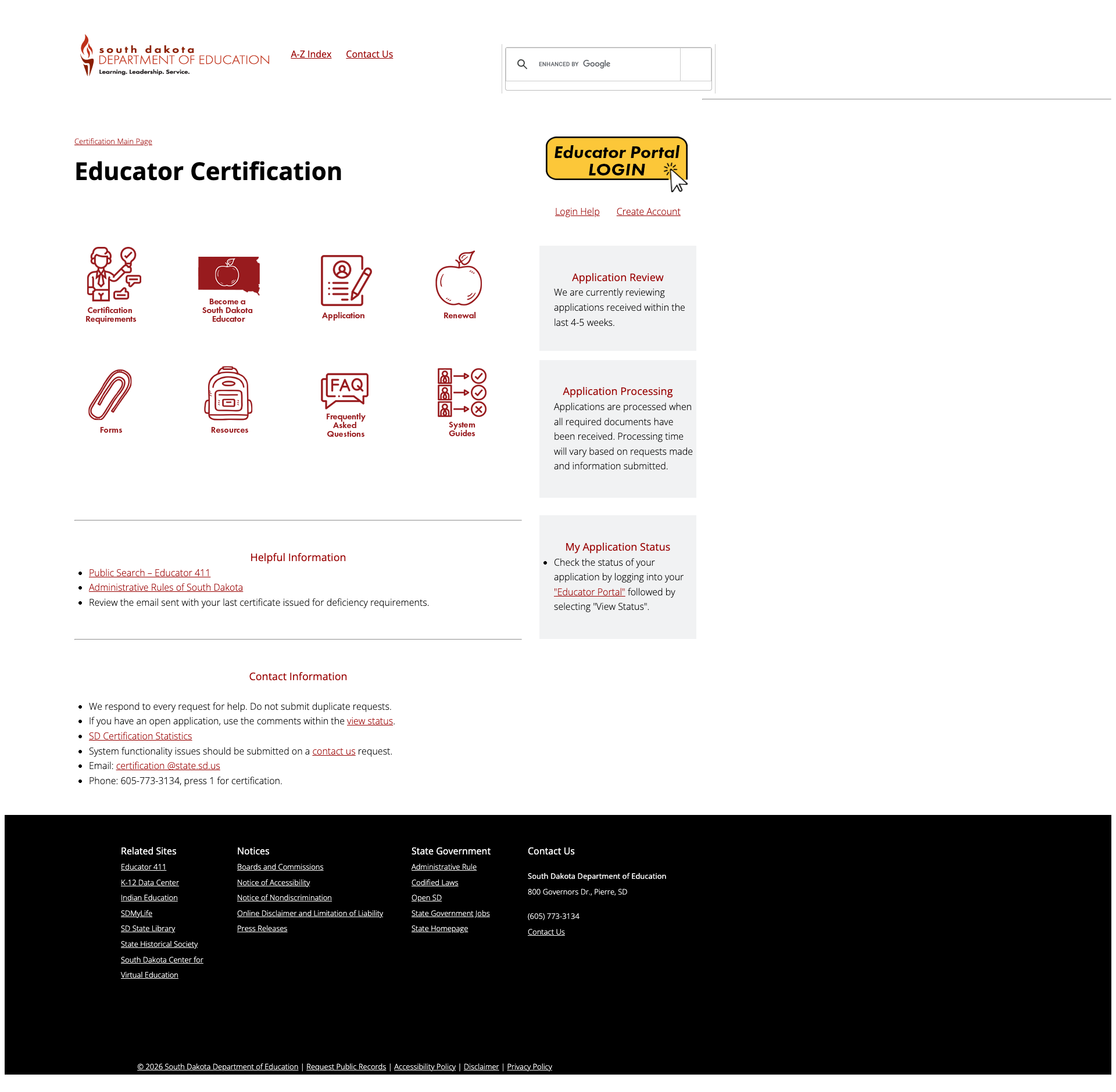 Screenshot: Educator Certification page with icon-based navigation tiles and Educator Portal login