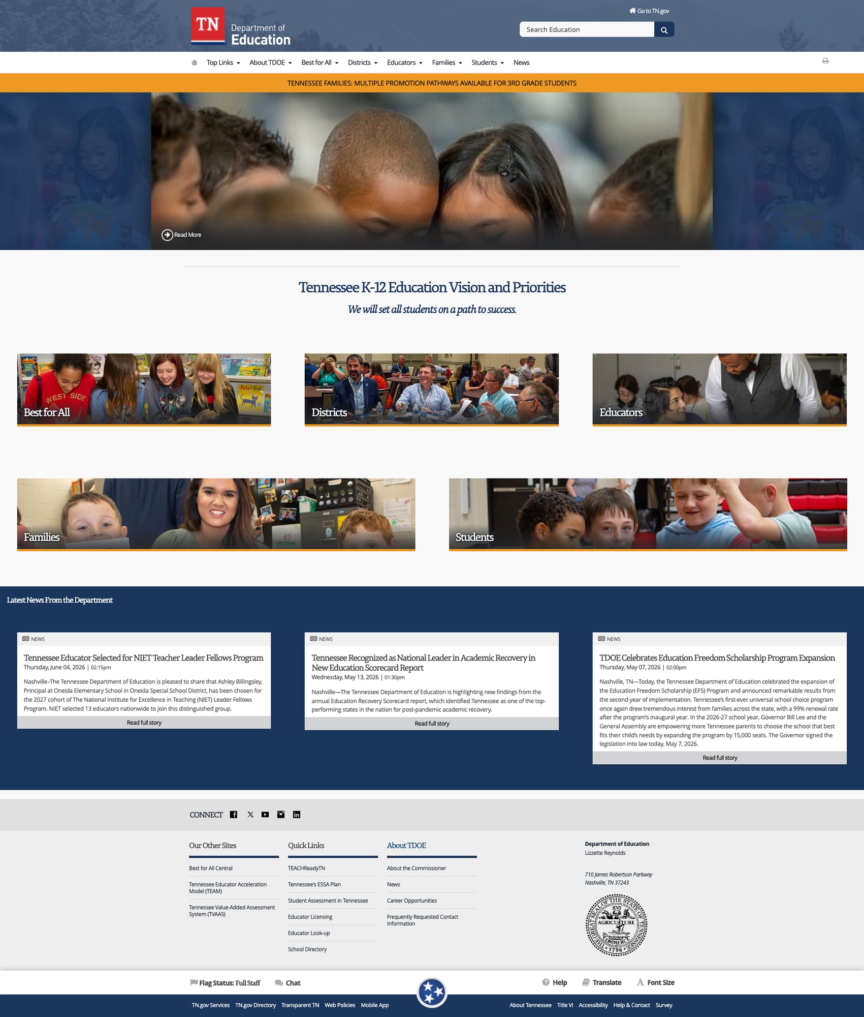 Tennessee DOE homepage with audience-based navigation