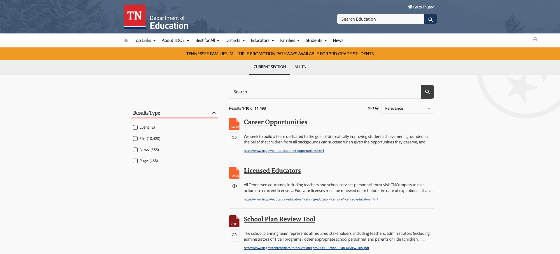 Coveo search with 11,493 results, filters, and section tabs