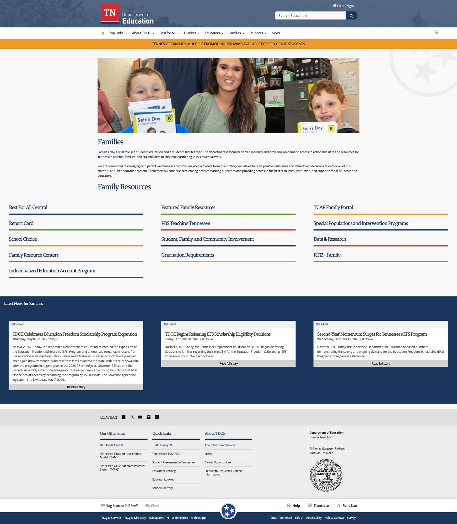 Families landing page with 13+ resources and audience-specific news