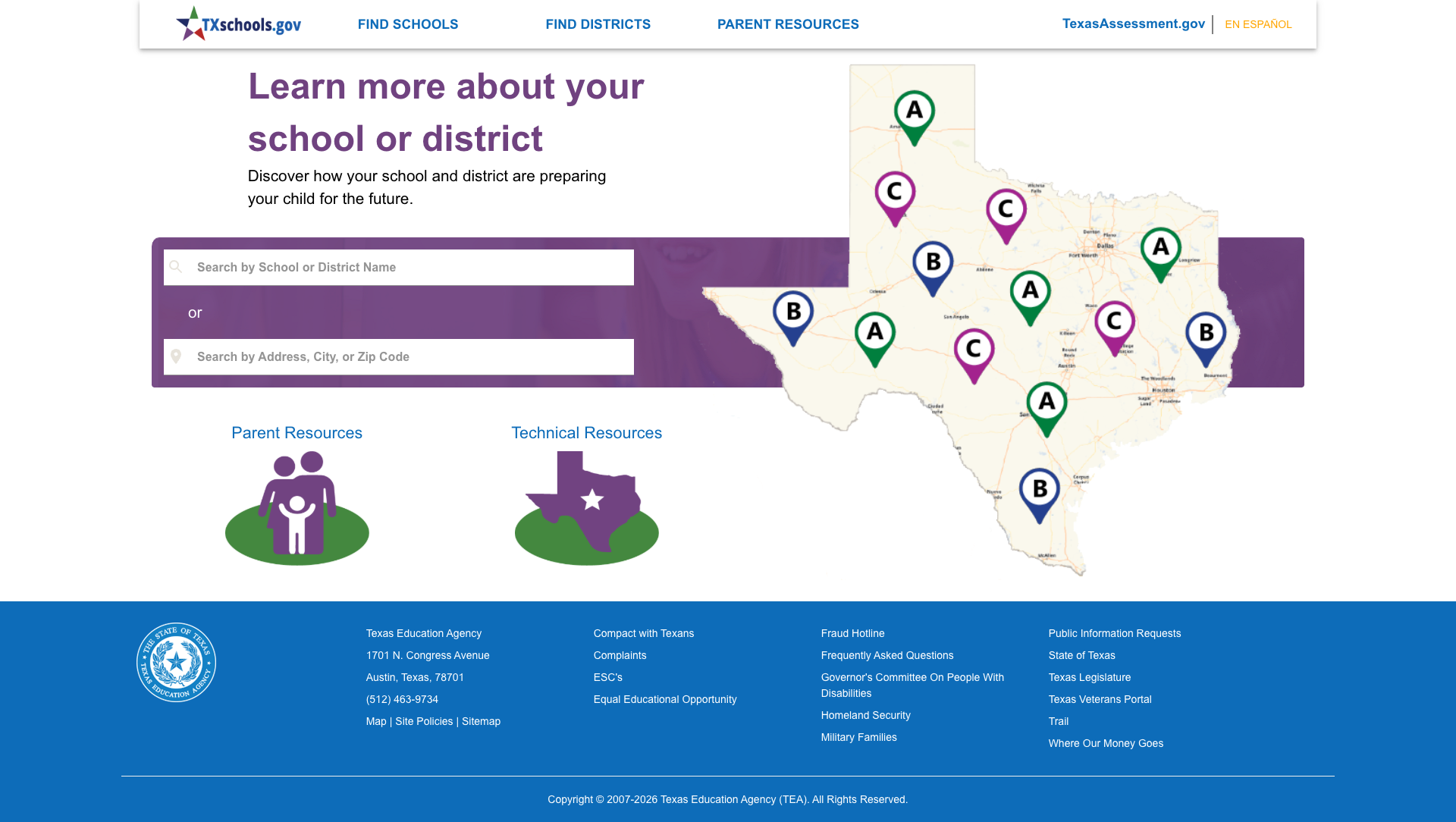 TXschools.gov — interactive school performance map with A-F ratings and bilingual support