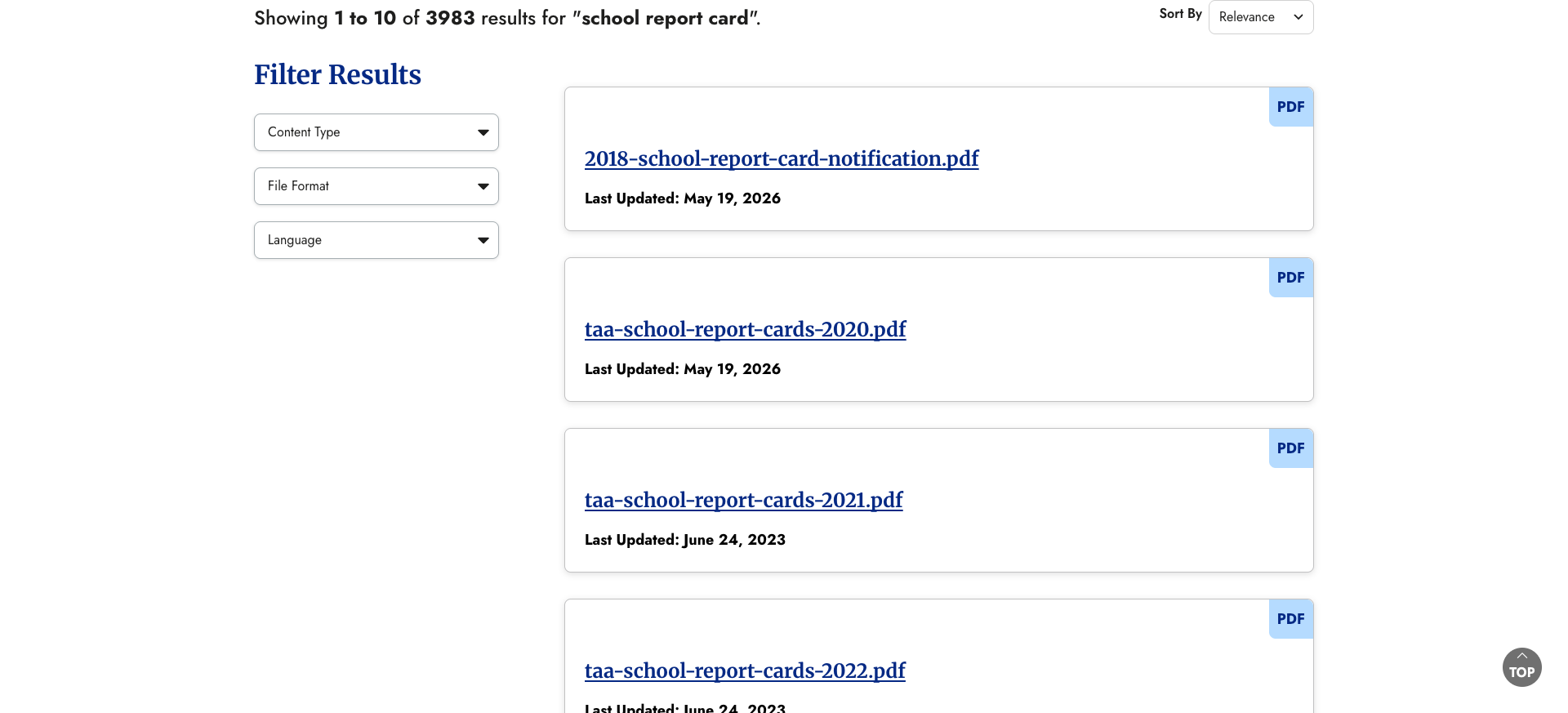 TEA search results showing 3,983 results for "school report card" with faceted filters