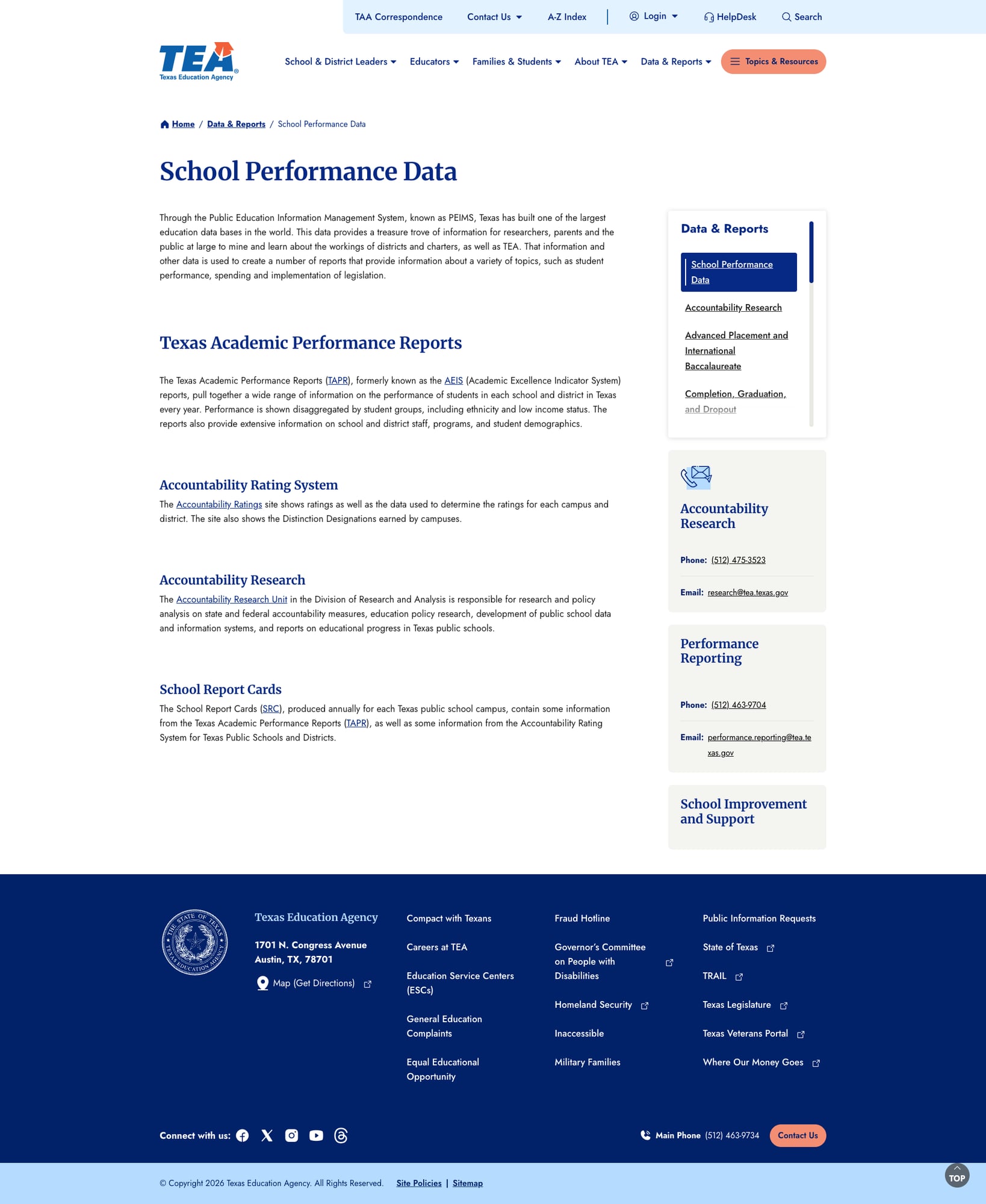 TEA Data & Reports section with PEIMS, TAPR, and extensive sidebar navigation