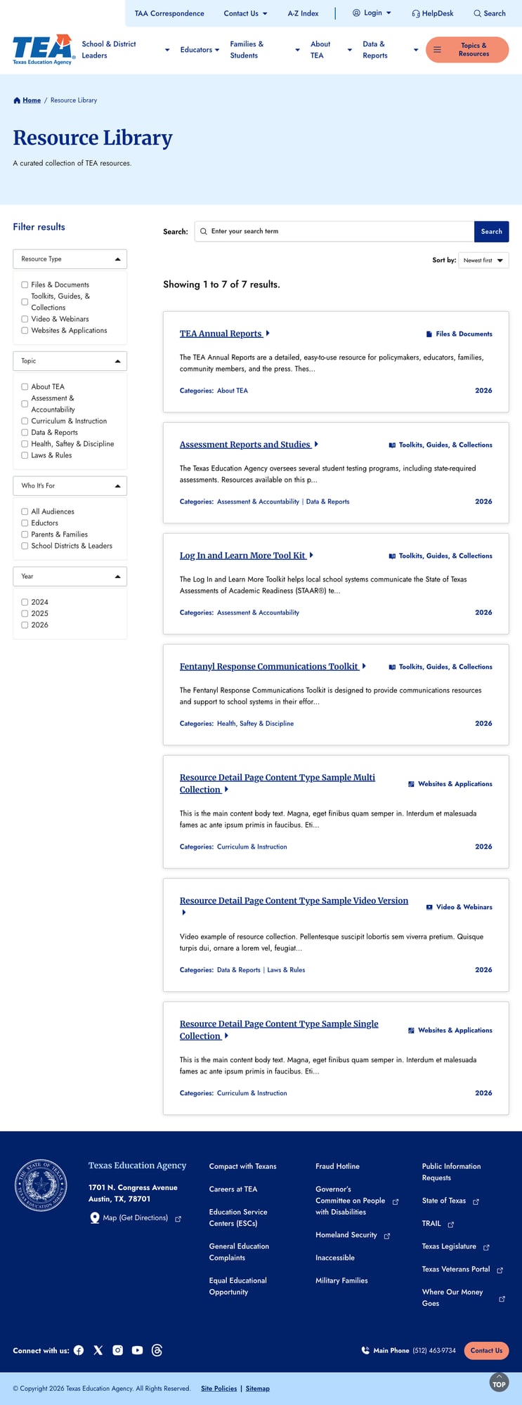 Resource Library showing only 7 results, several of which appear to be sample content