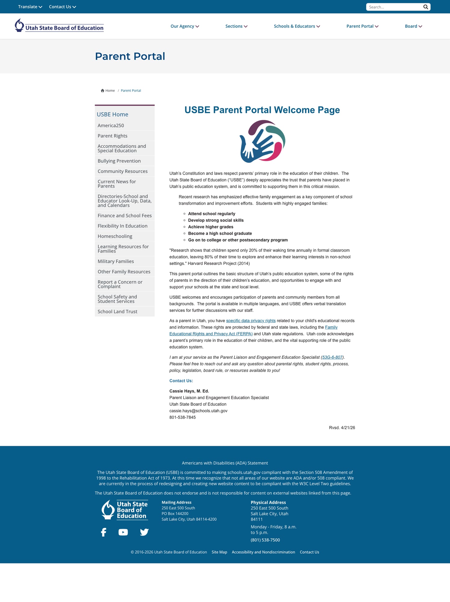 USBE Parent Portal with comprehensive sidebar navigation