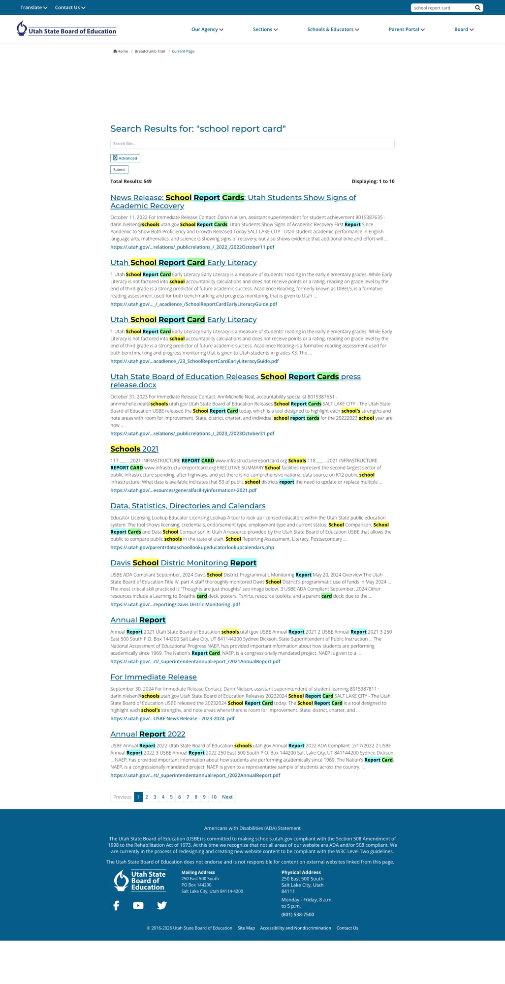 Search results page showing 549 results for "school report card"