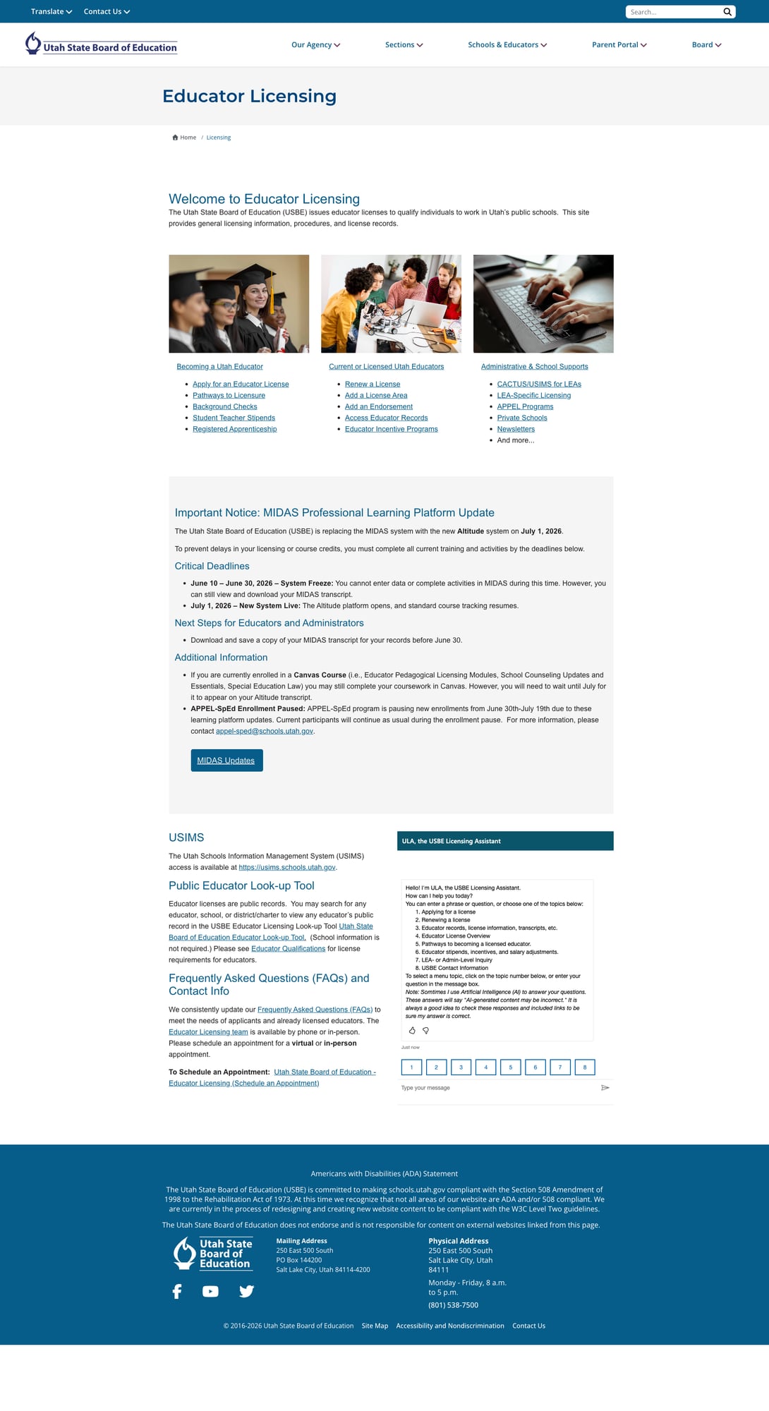 Educator Licensing page with ULA AI chatbot assistant