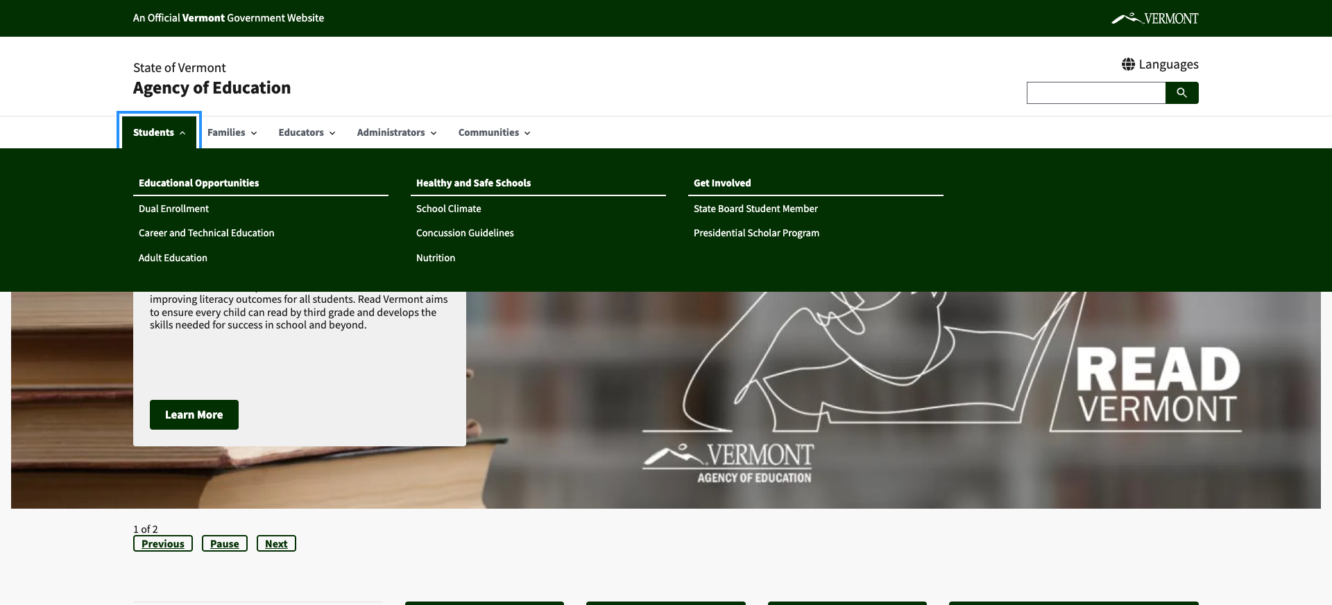 Screenshot: Audience-based mega-dropdown navigation showing Students menu structure