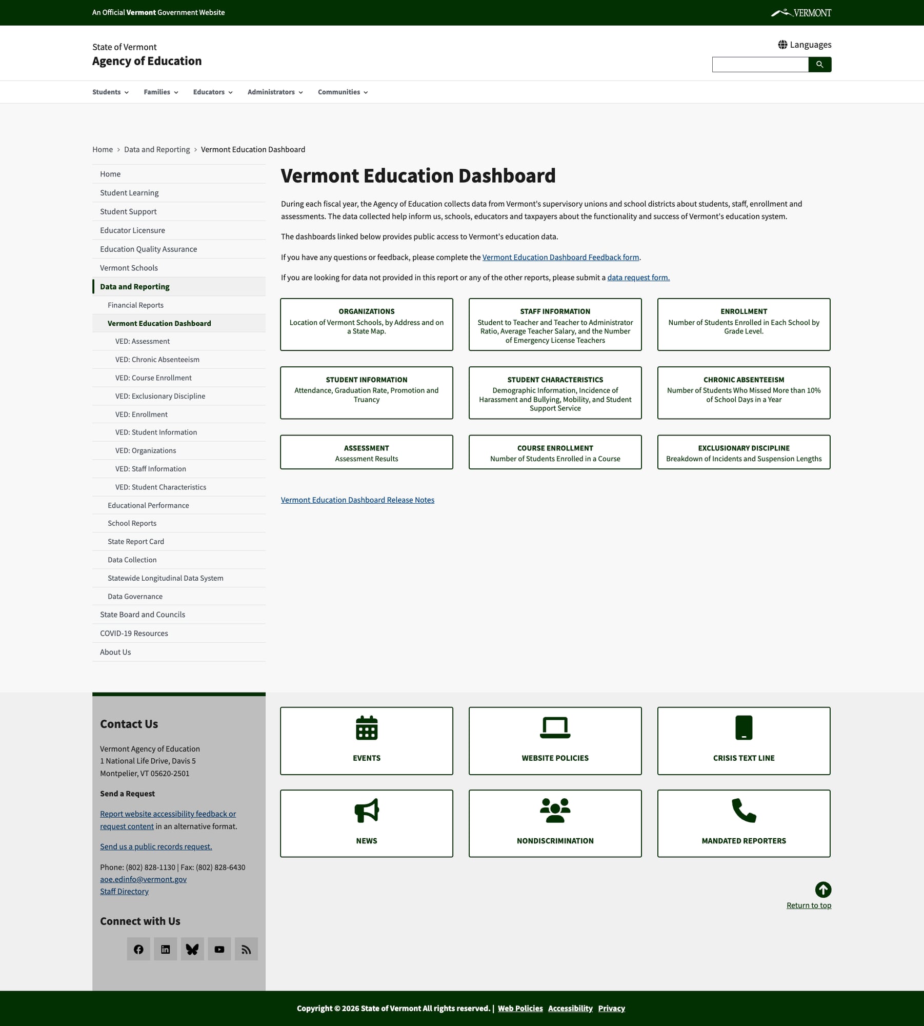 Screenshot: Vermont Education Dashboard with nine data category cards