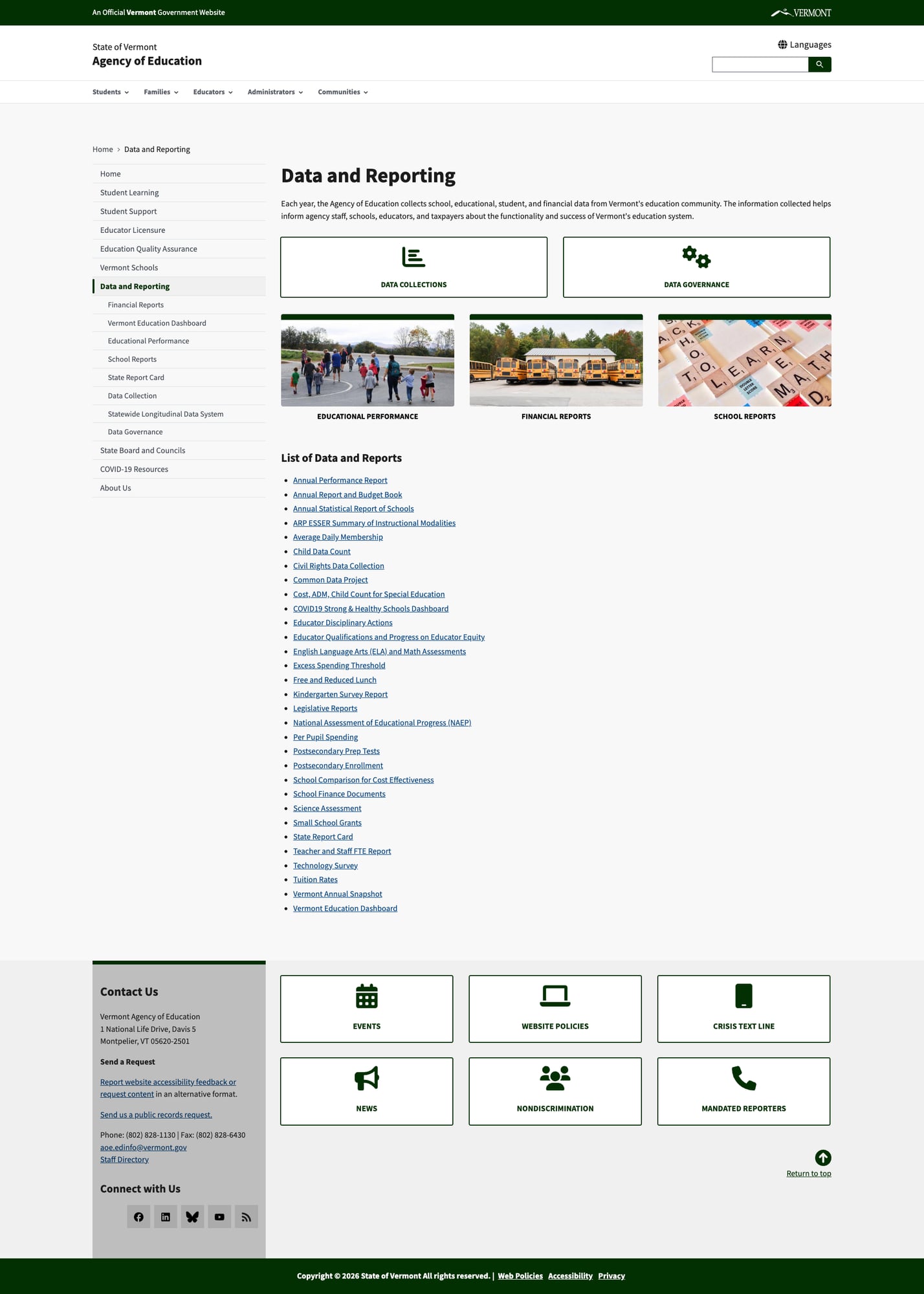 Screenshot: Vermont Data and Reporting landing page with 30+ reports and dashboard cards