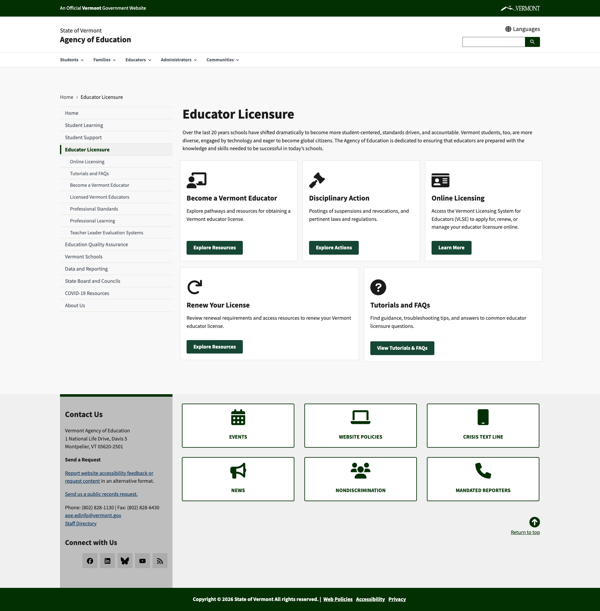 Screenshot: Educator Licensure page with well-organized card-based sections