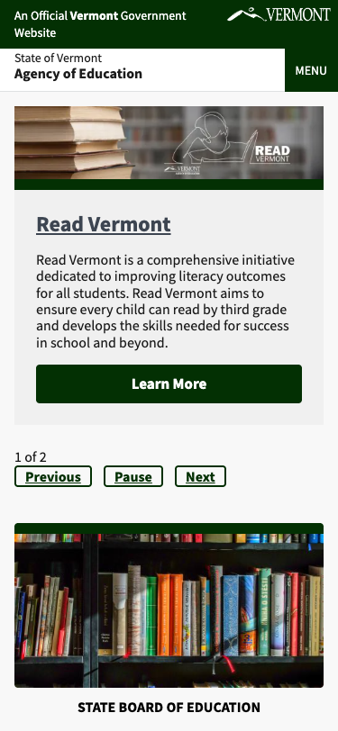 Screenshot: Vermont AOE mobile layout at 375px showing clean MENU hamburger and responsive content