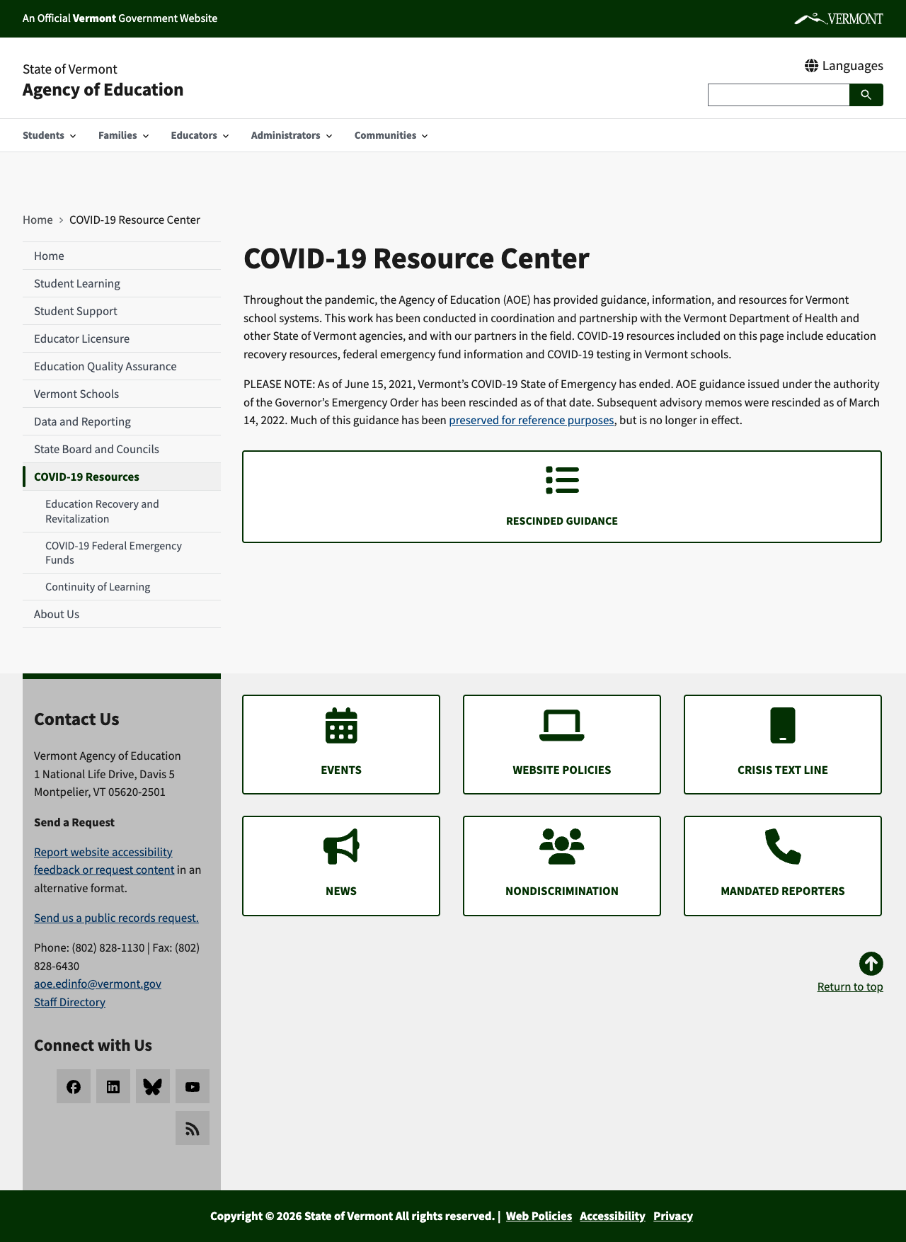 Screenshot: COVID-19 Resource Center still prominent in sidebar navigation in 2026