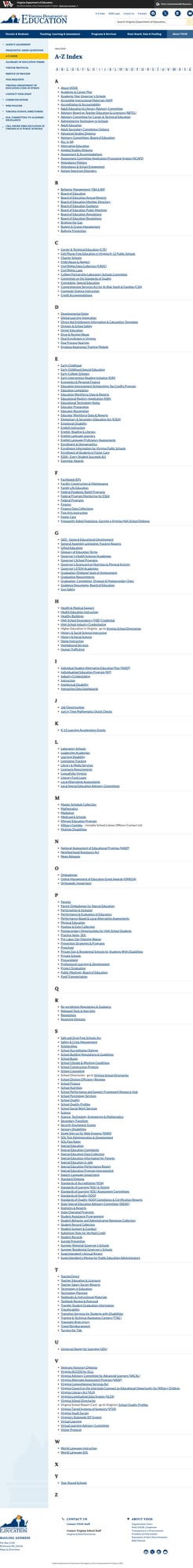 Screenshot: Comprehensive A-Z Index spanning all VDOE programs and resources