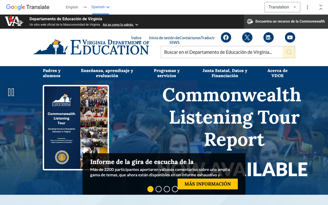 Screenshot: Google Translate proxy version of VDOE site in Spanish