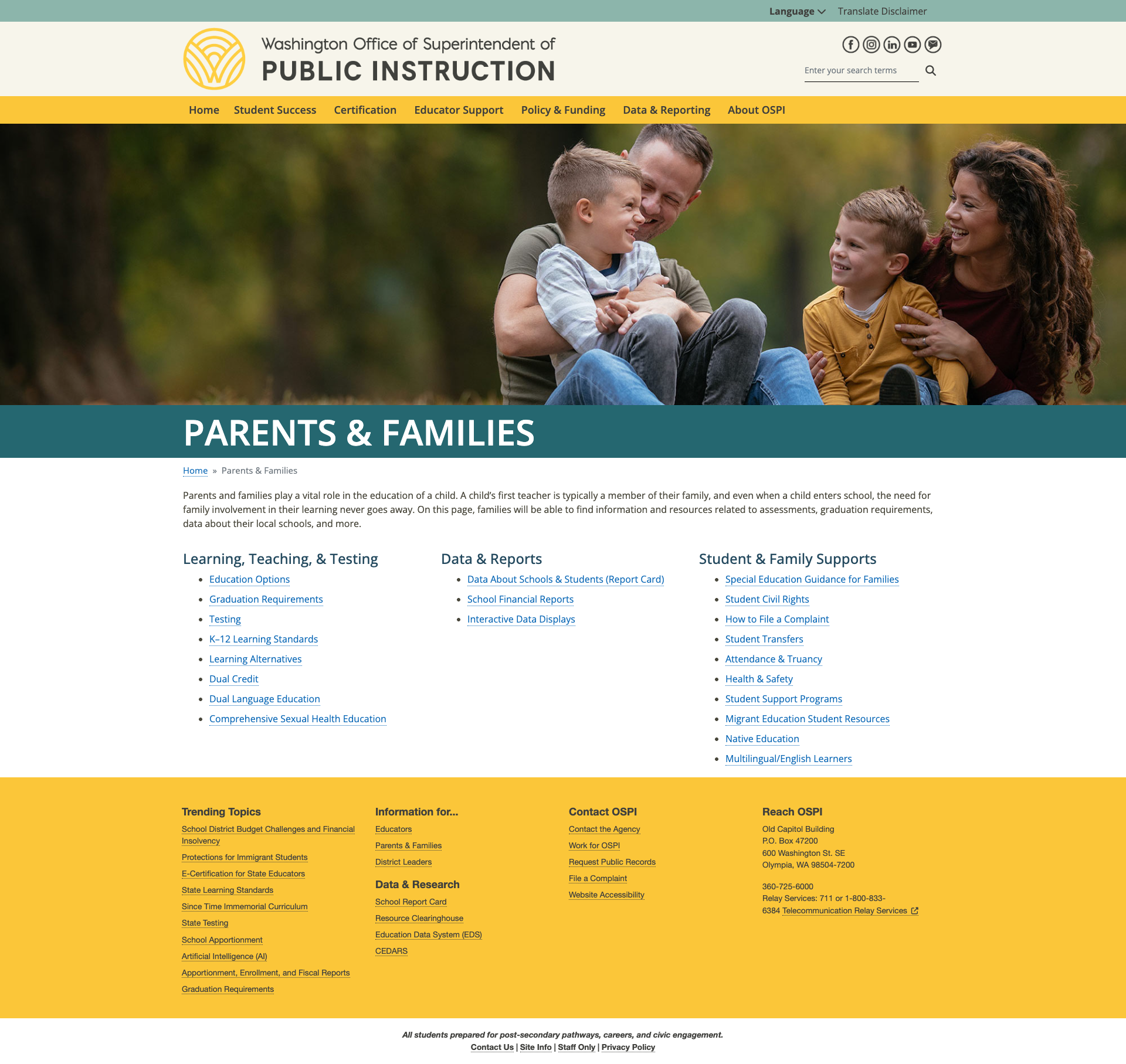 Screenshot: Parents & Families page