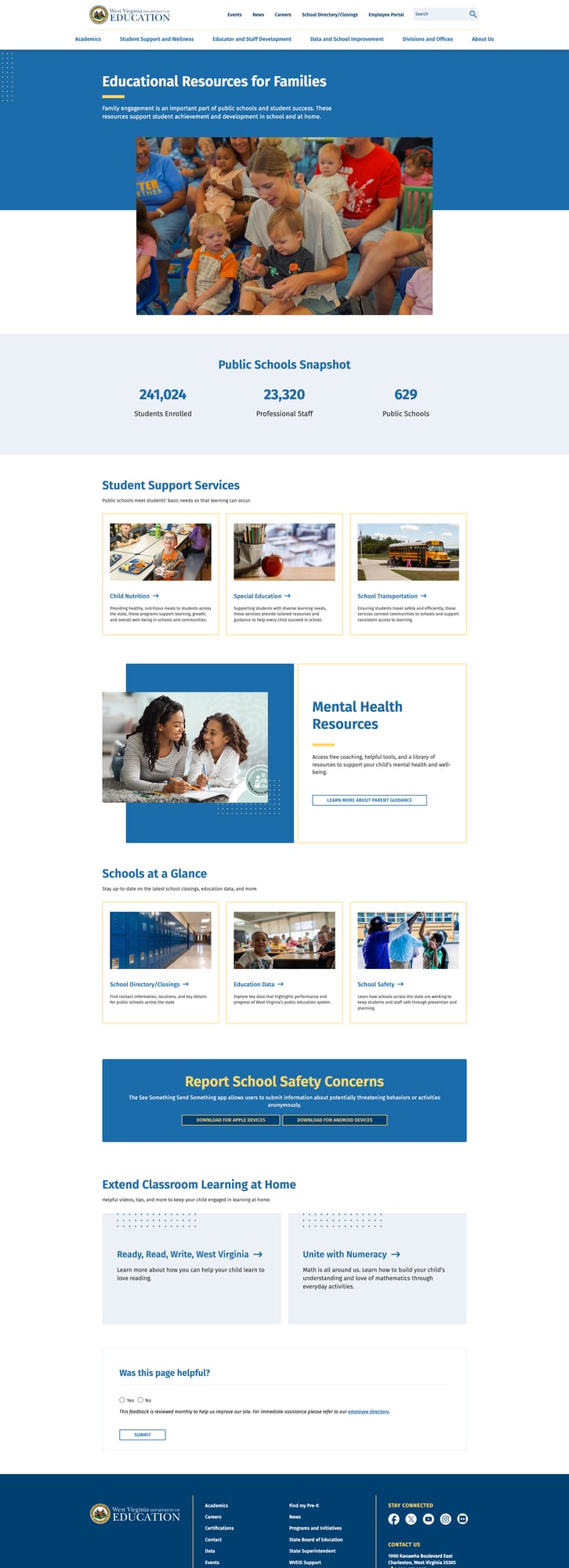 Screenshot: Family resources page with stats, services, and mental health support