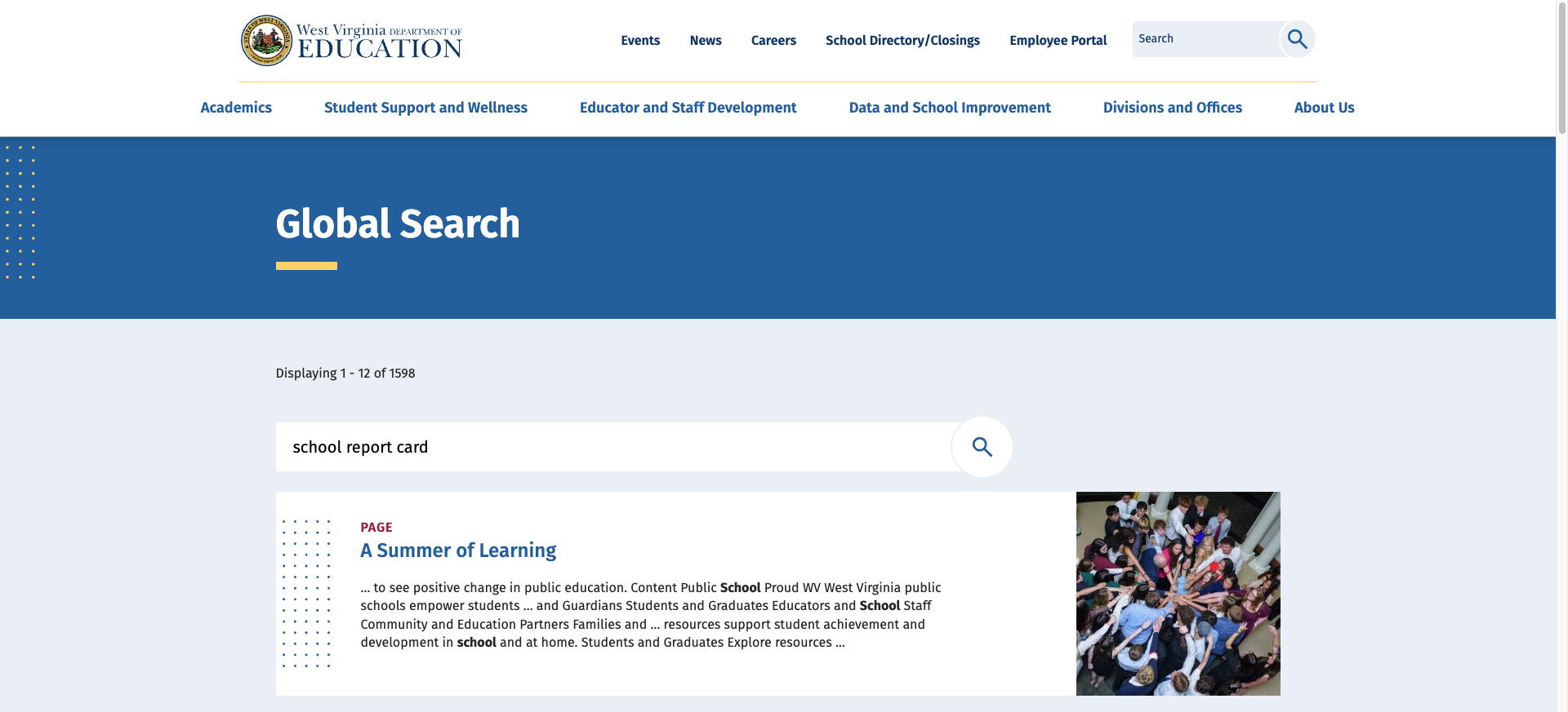 Screenshot: Global Search showing 1,598 results with pagination and result cards