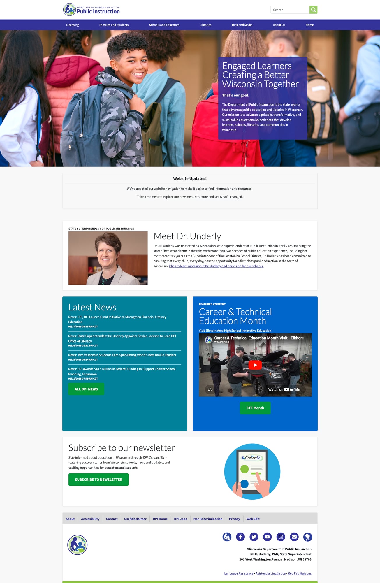 Wisconsin DPI homepage with hero image and mission statement