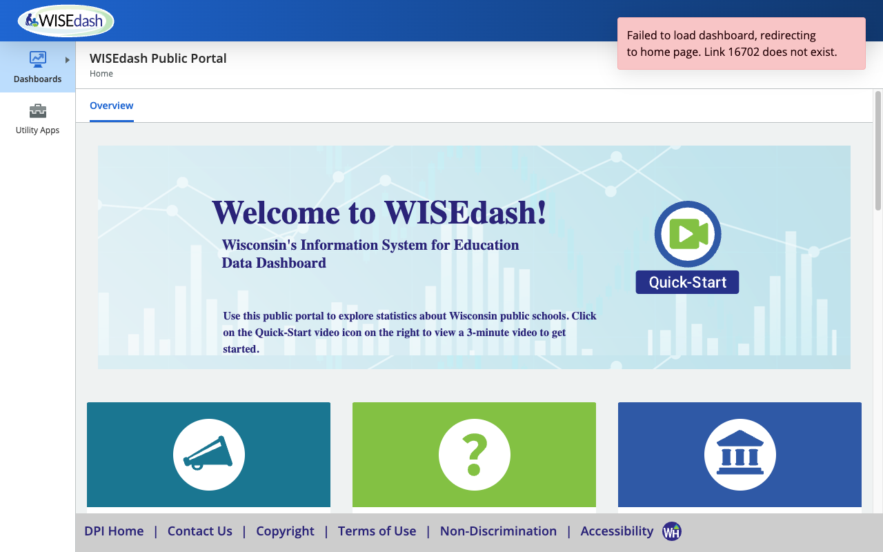 WISEdash Public Portal with interactive dashboards, Quick-Start video, and data announcements
