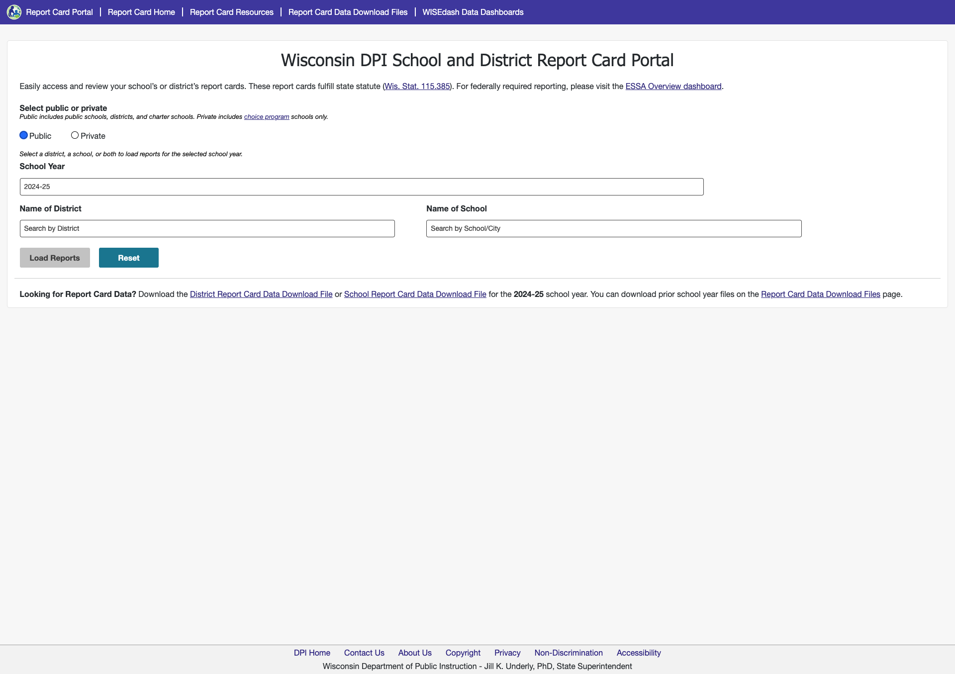 Report Card Portal with 2024-25 school year data, district/school search, and download options