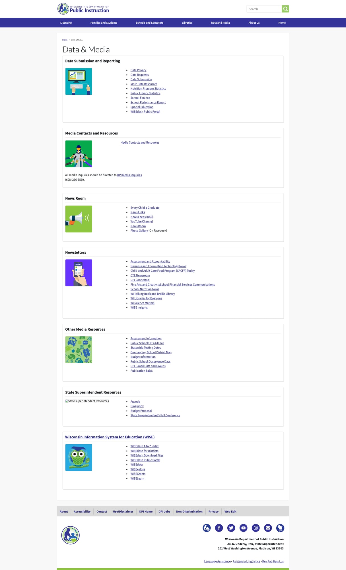 Data and Media page showing WISE ecosystem, newsletters, and reporting resources