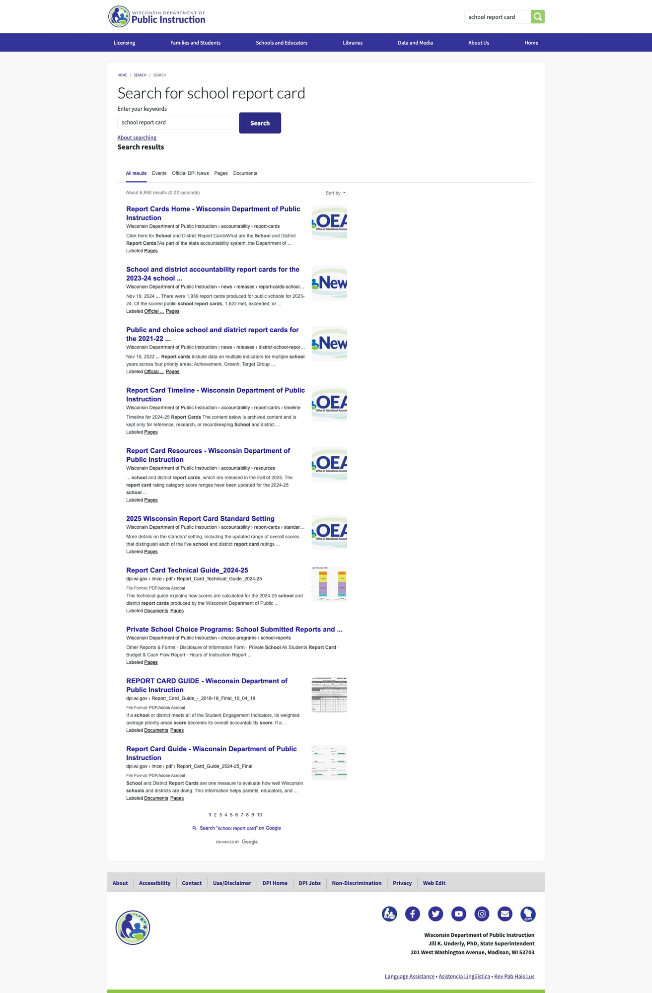 Google CSE search results showing 6,990 results with category filters and thumbnail previews