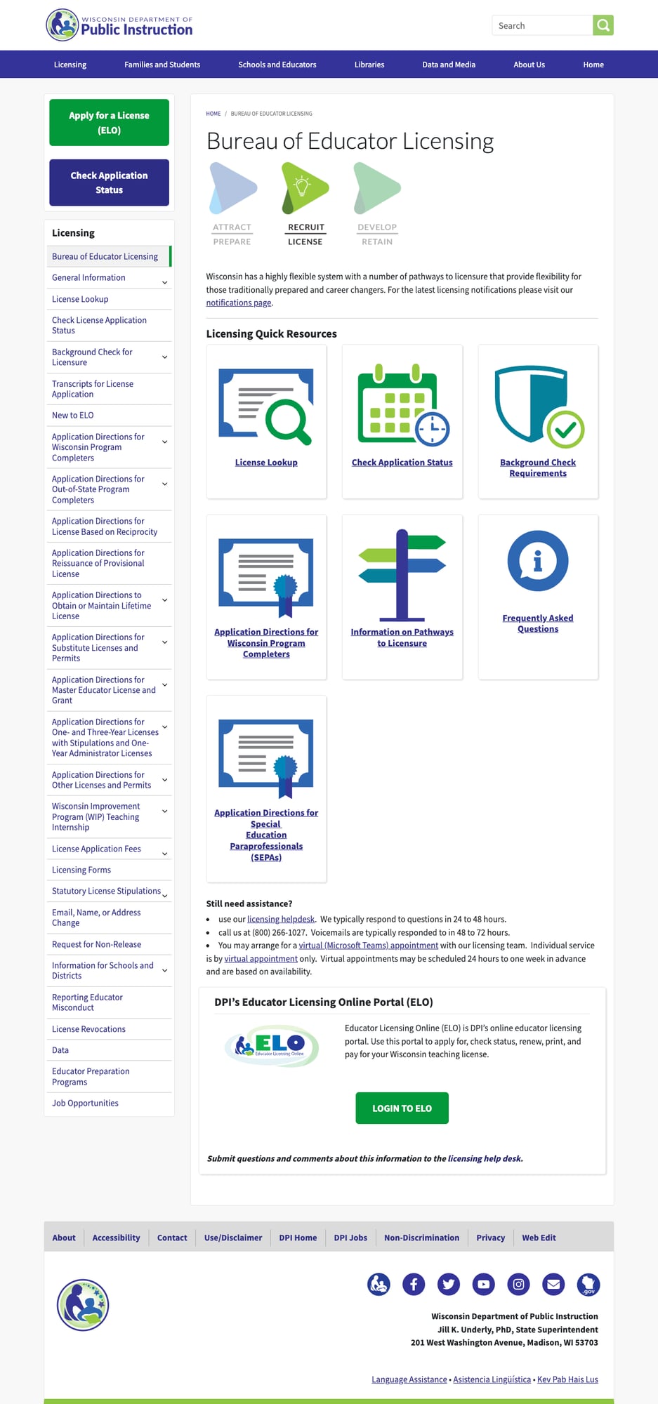 Licensing page with visual cards for License Lookup, Application Status, Background Check, and ELO portal