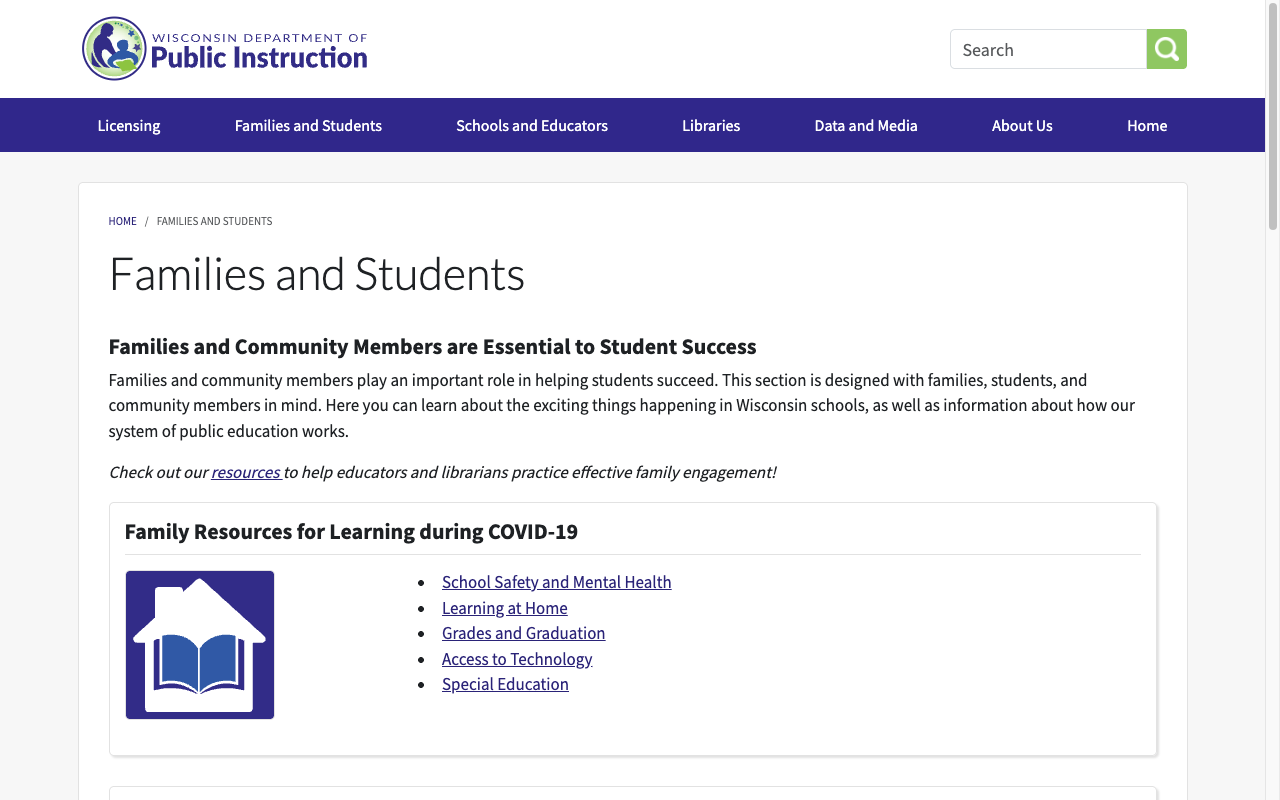 Families and Students page with outdated COVID-19 resource section as the first content block