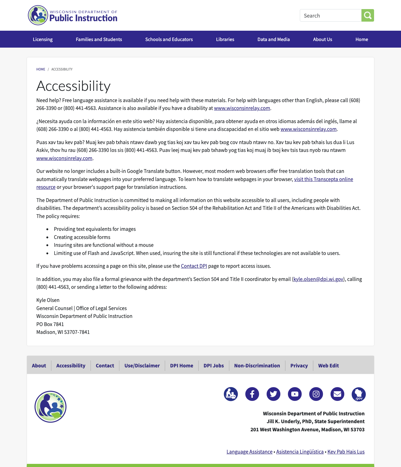 Accessibility page showing language assistance is phone-based only, with no built-in translation