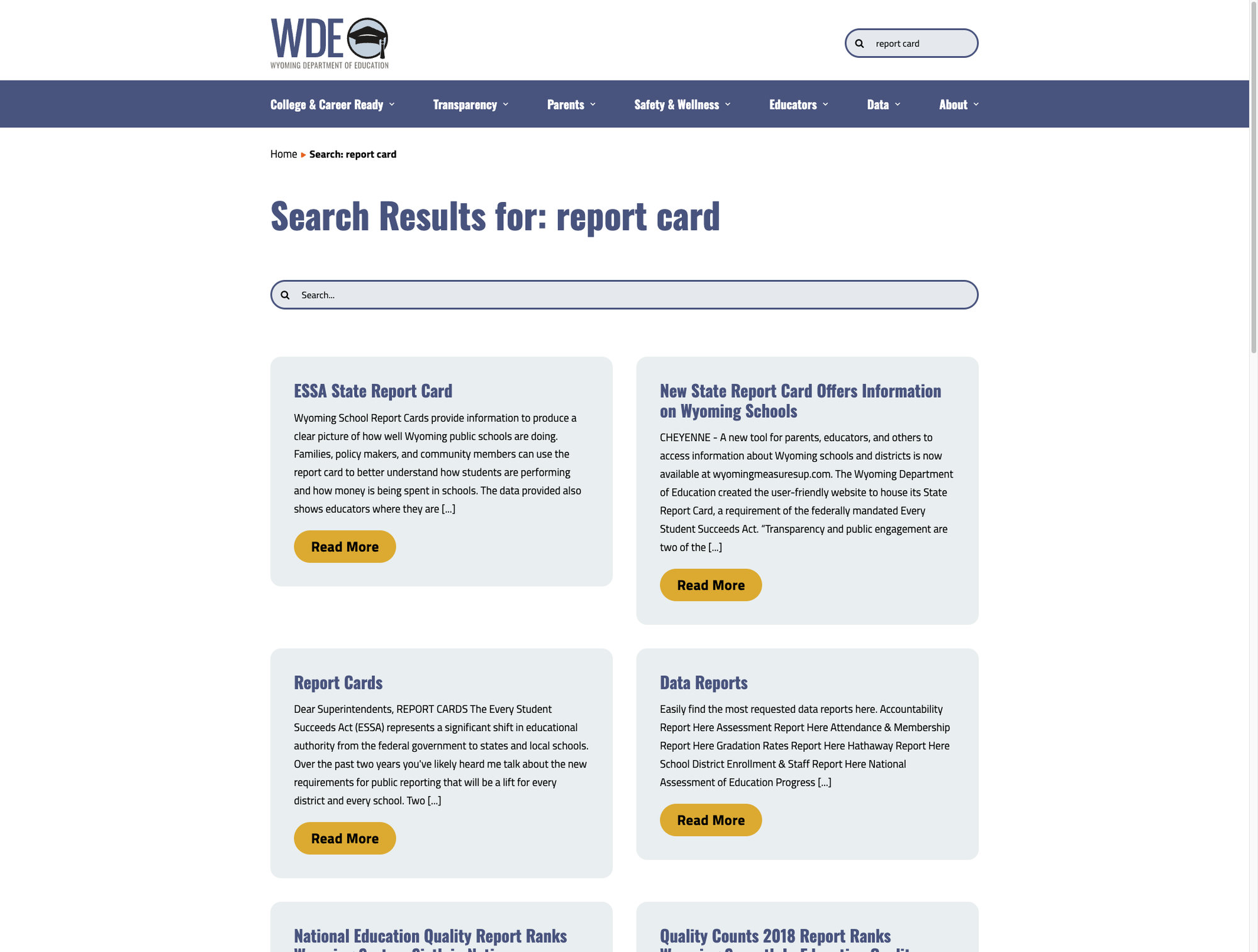 Basic search results page for "report card"